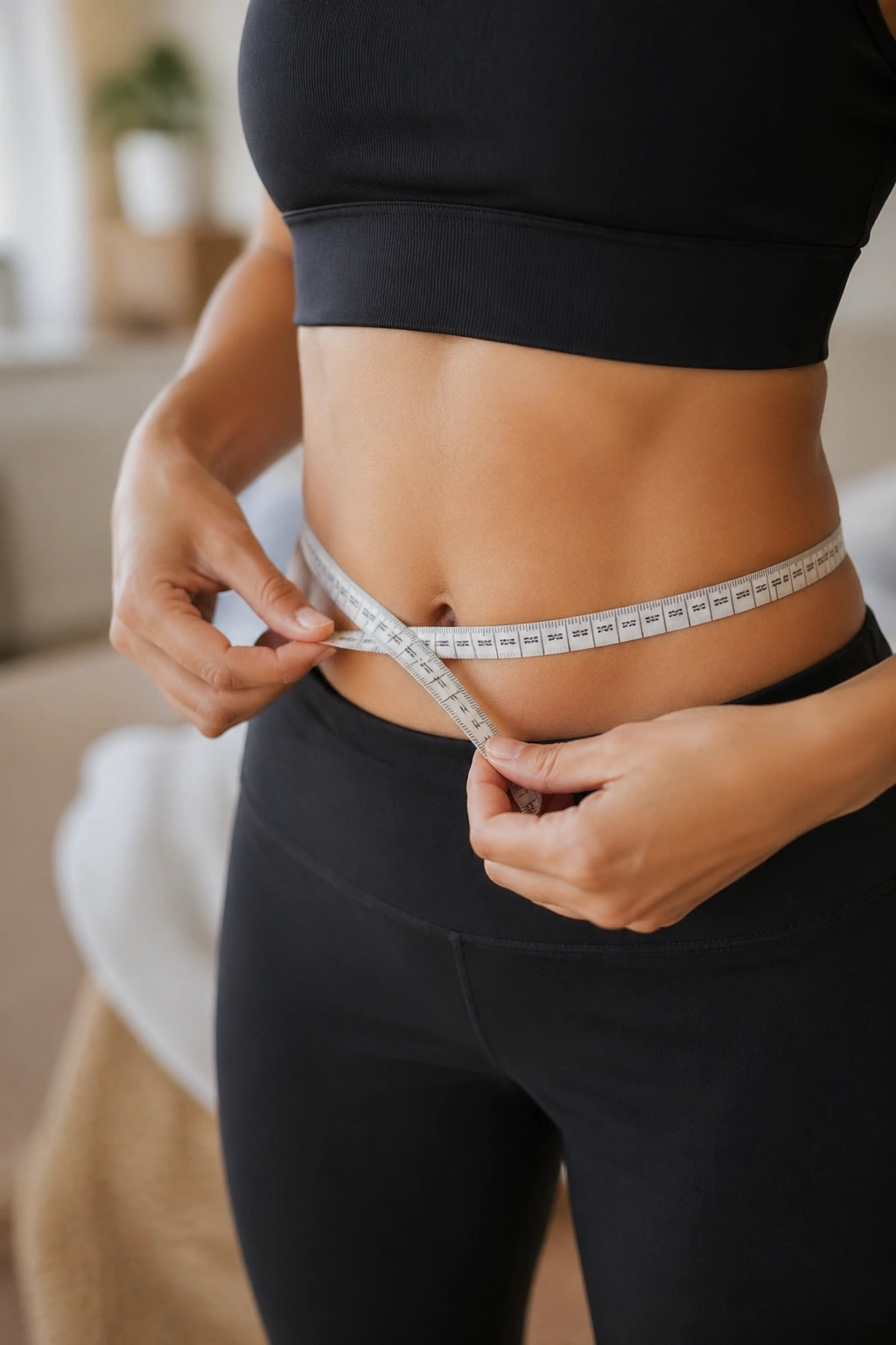 Person measuring waist with a tape measure to track progress.