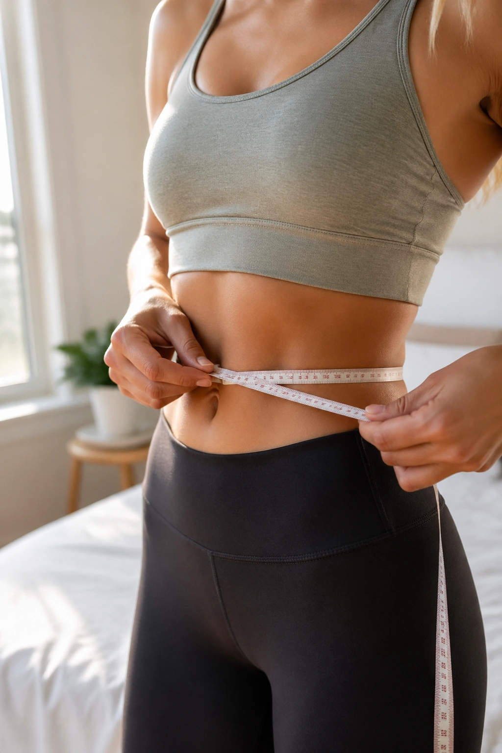 Close-up of a person measuring waist with tape measure to track progress