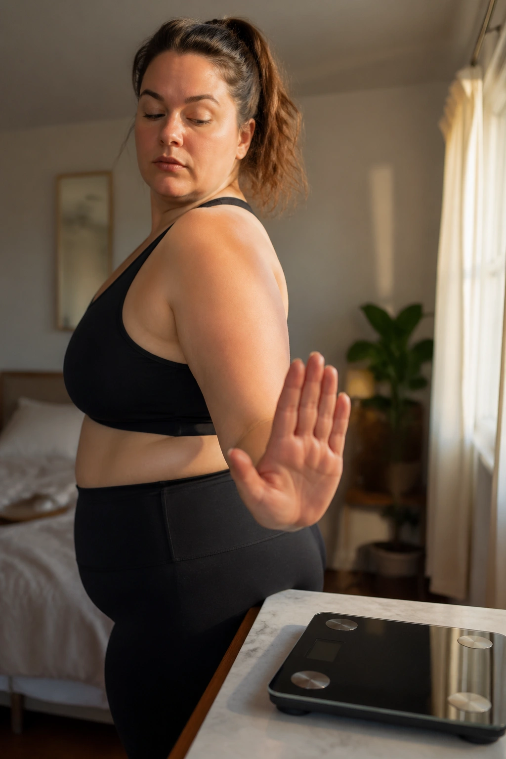 Portrait of a real person turning away from a bathroom scale, symbolizing ignoring waistline and photos
