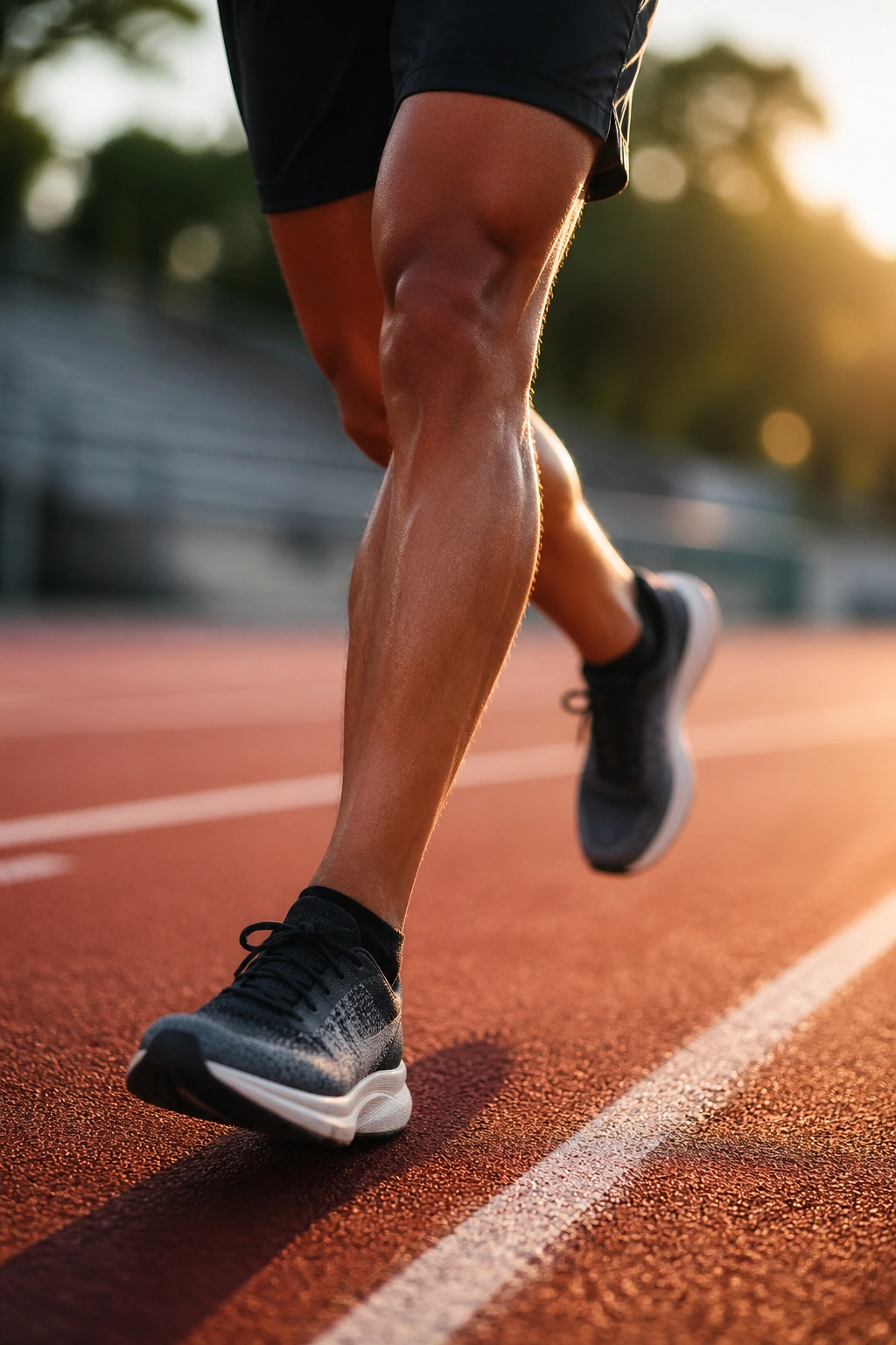 Close-up of a real runner's legs mid-stride on an outdoor track