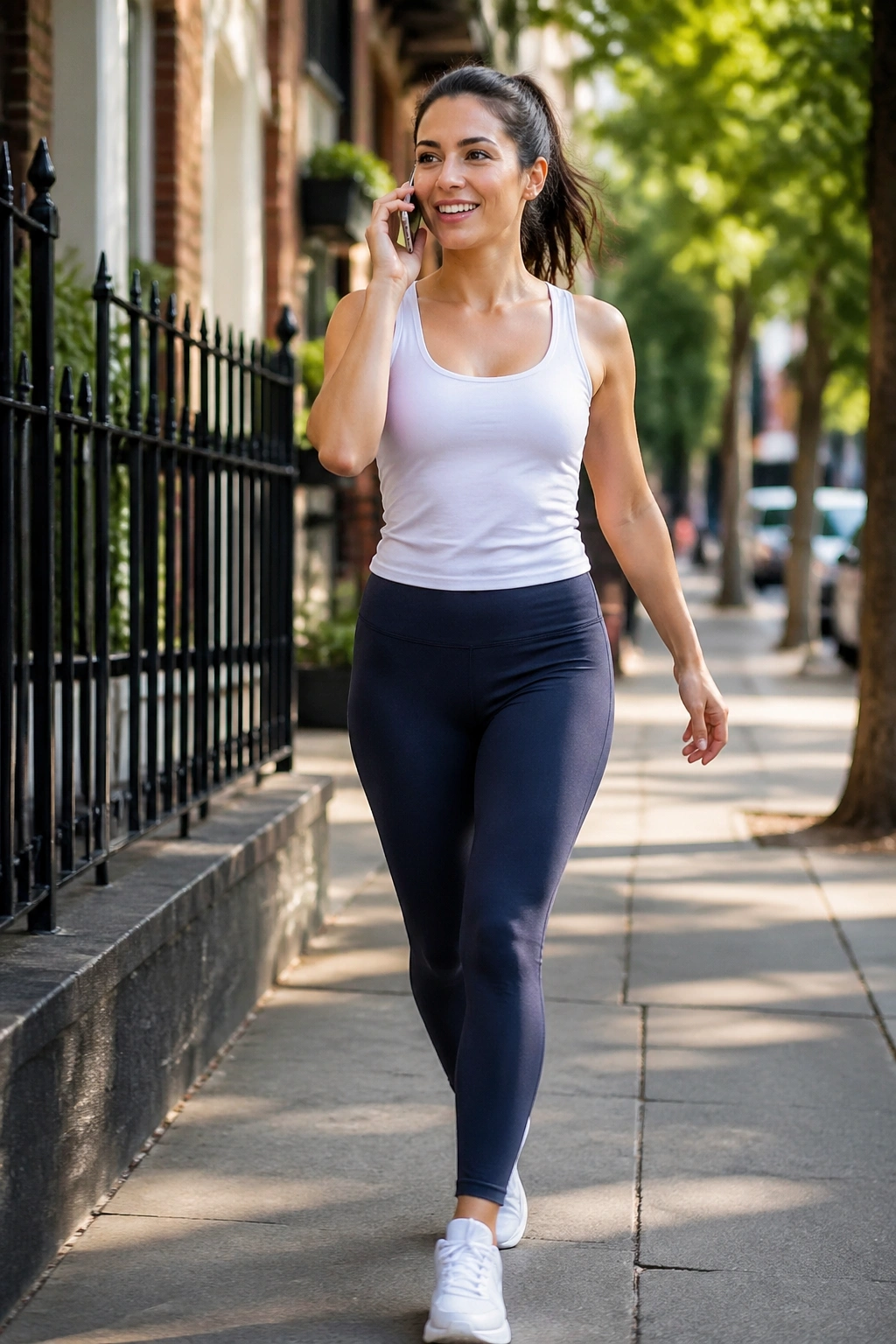 Person walking on a city sidewalk while talking on a phone.