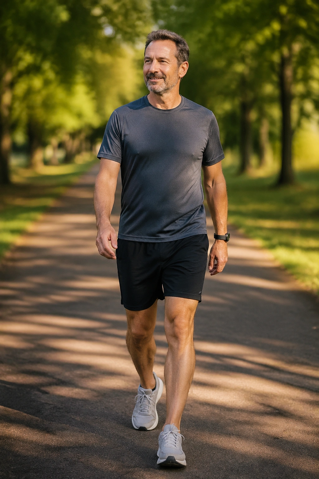 Man over 40 walking outdoors in a park setting