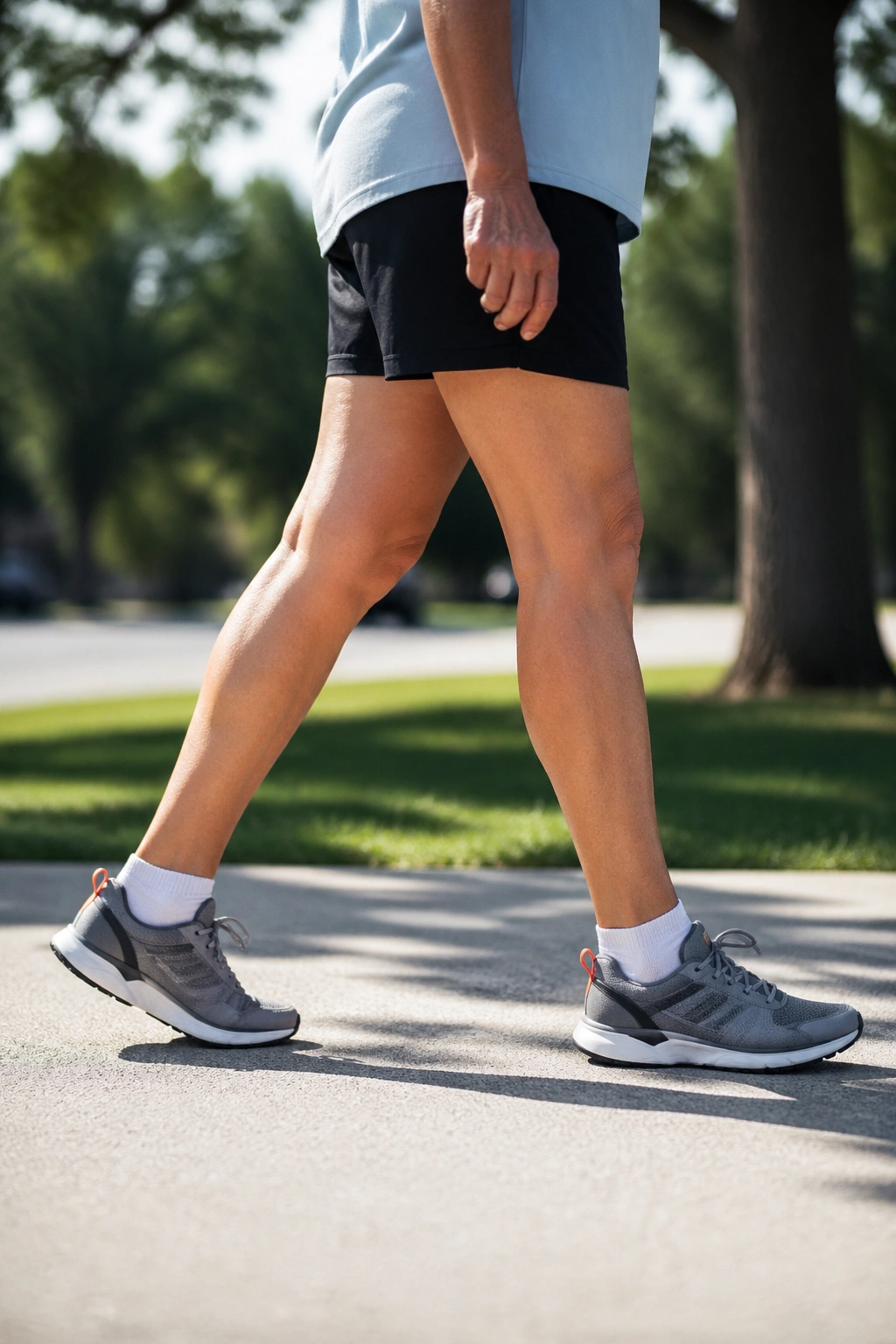 Mid-stride legs and feet walking on a sidewalk in daylight.