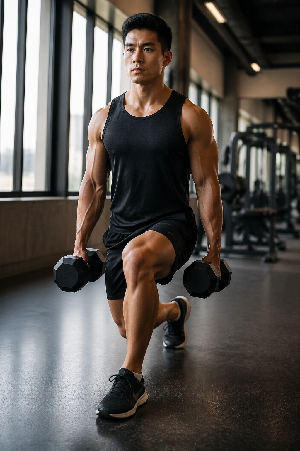 Medium close-up of lifter performing walking lunge with dumbbells