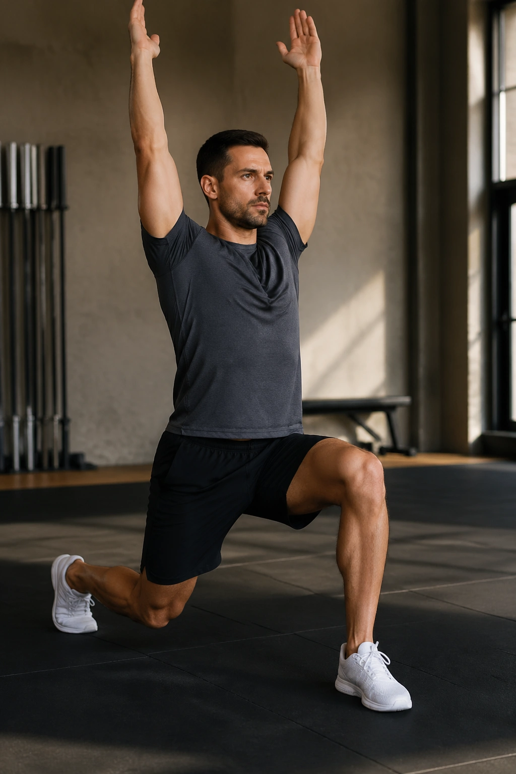 Full-body image of a person performing a walking lunge with arms overhead