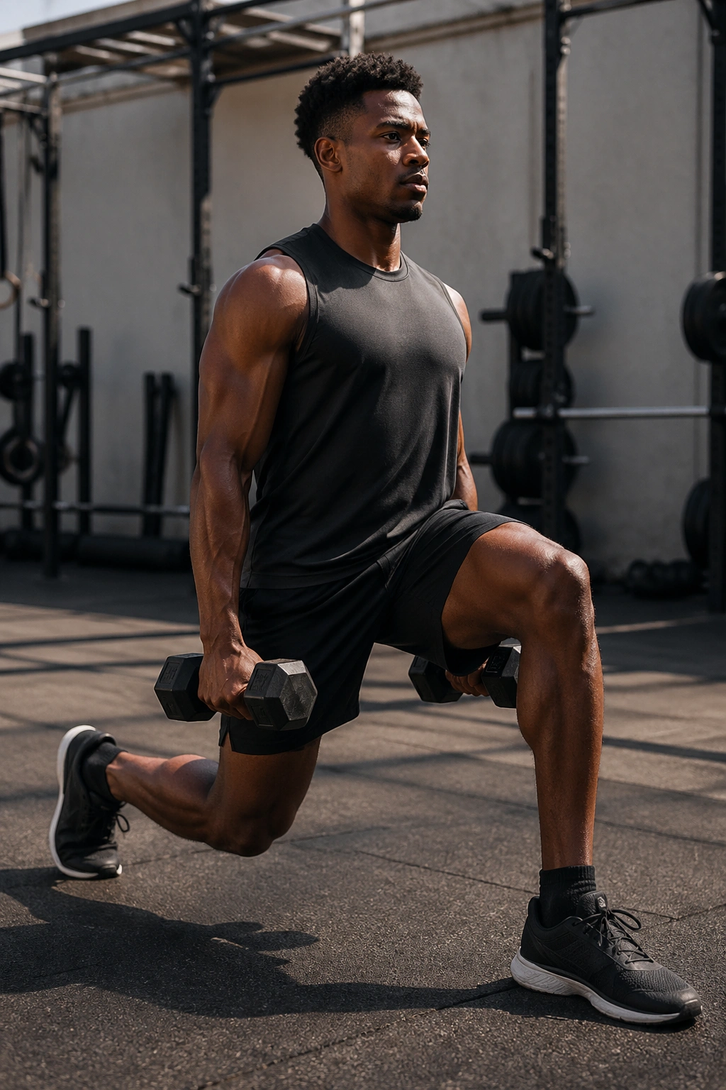 Athlete performing a walking lunge in a gym or track