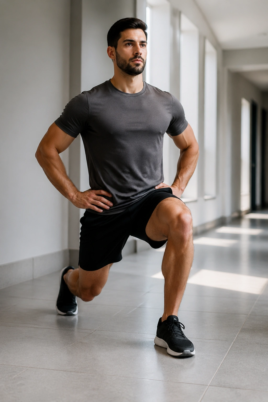 Person performing walking lunges in a bright hallway