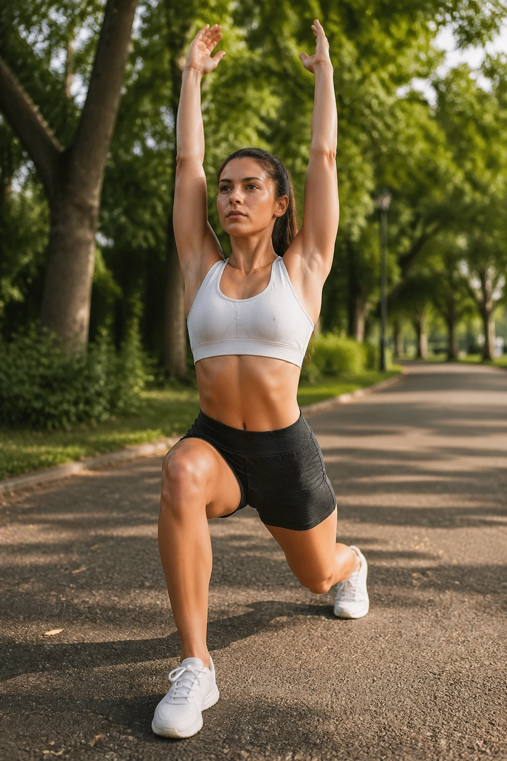 Person performing walking lunges with overhead reach in a sunny park
