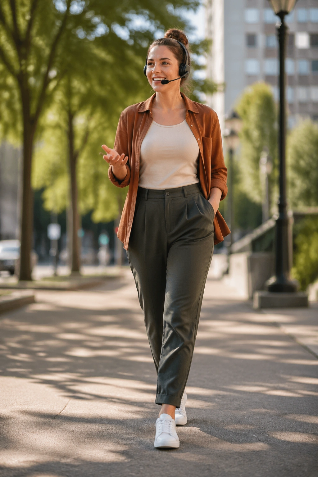 Person walking outdoors during a call with headset