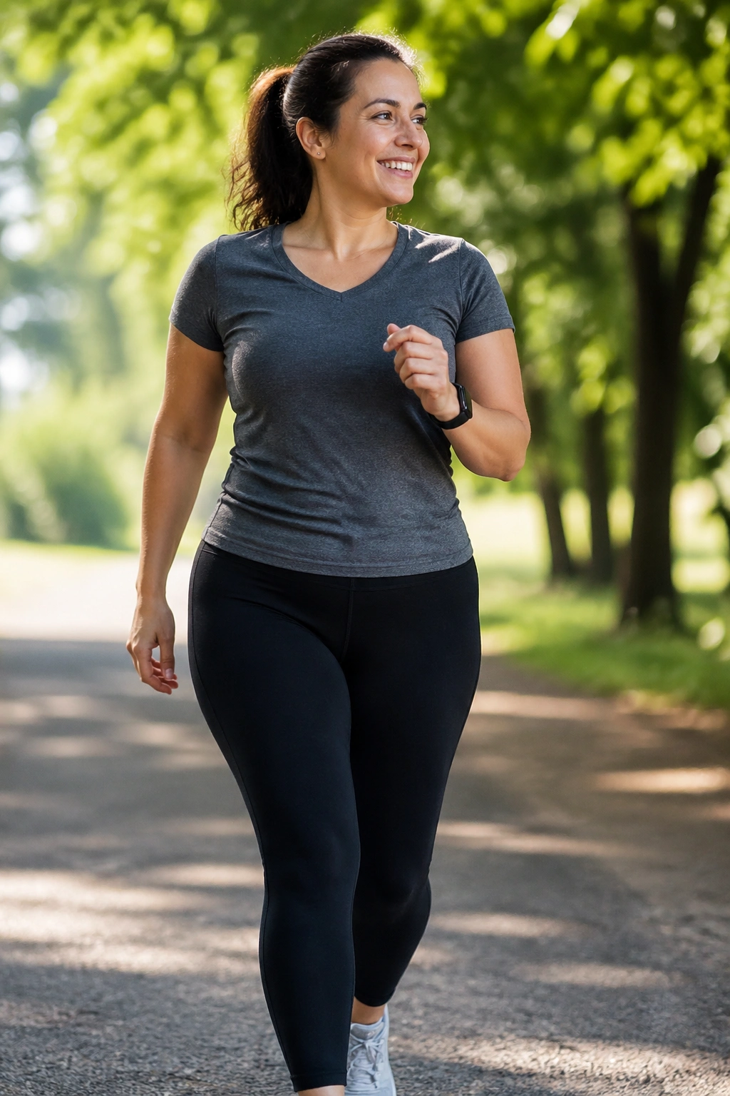 Woman walking outdoors in a park, mid-stride