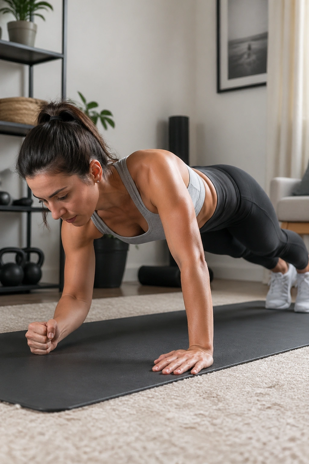 Medium close-up of a person performing walking plank on a mat with controlled core engagement