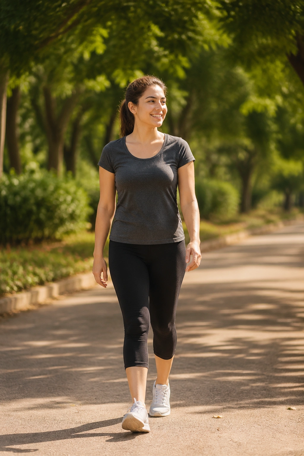 Person walking briskly in a sunlit park