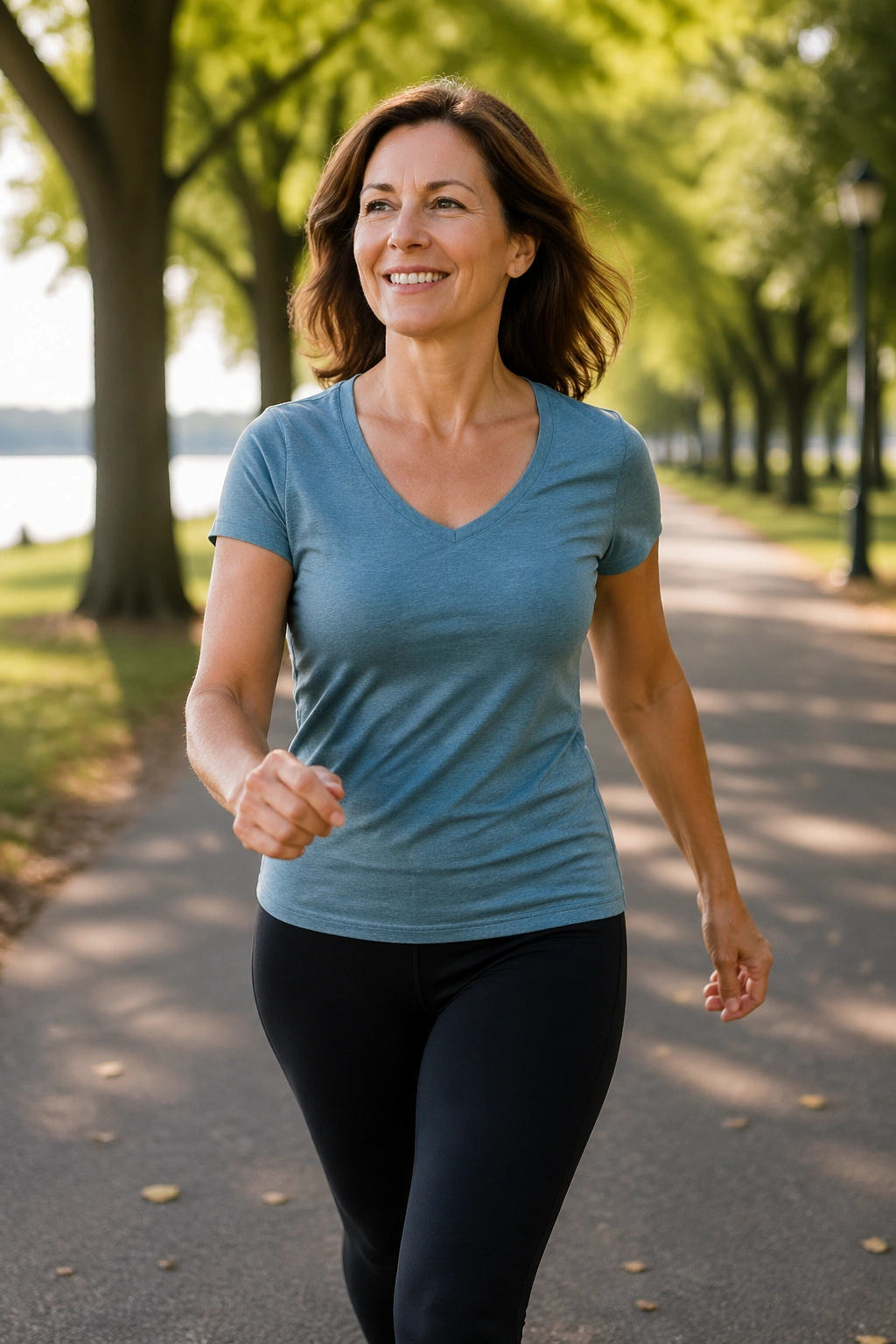 Woman walking briskly on a park path after a meal.