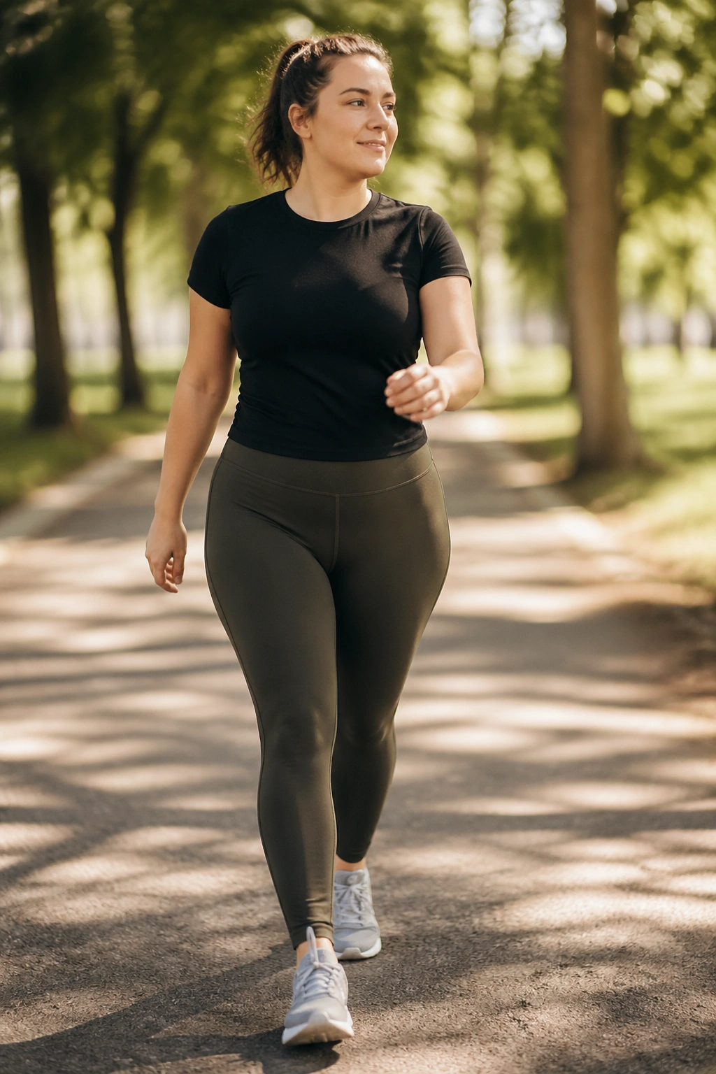 Real person walking mid-stride on a park path to boost daily activity for postpartum fat loss.