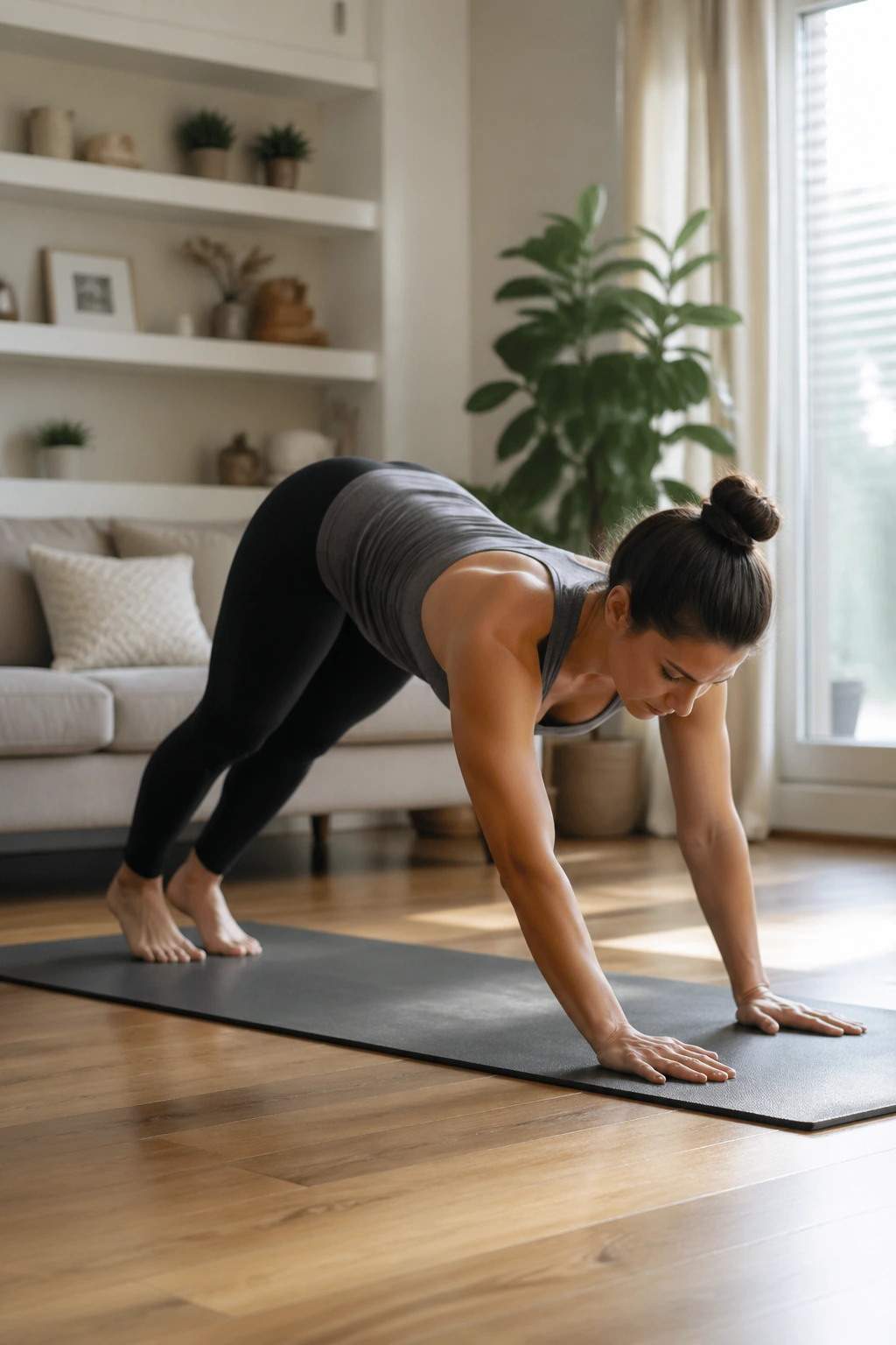 Person performing walkout to plank on a home workout mat