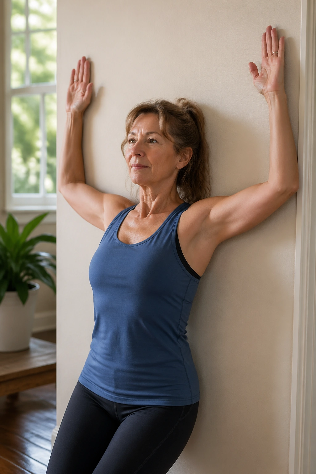 Real woman over 50 performing wall angels against a wall to improve shoulder posture