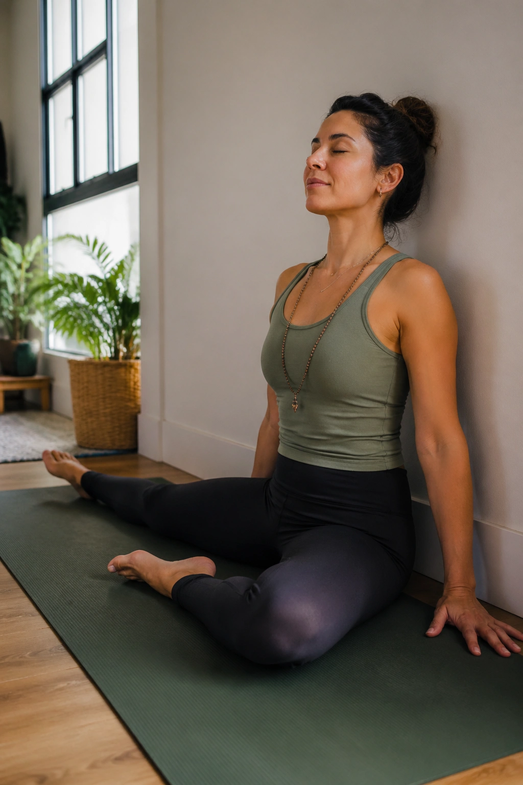 Person in wall-assisted half pigeon pose against a wall in a home setting