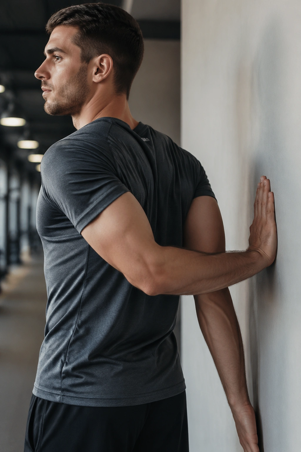 Close-up of a person performing wall biceps stretch with palm on wall