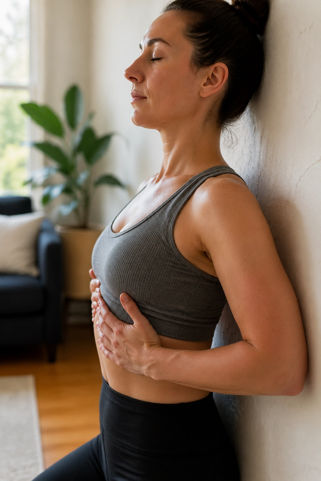 Close-up of a person practicing wall-supported breathing with hands on ribcage against a wall