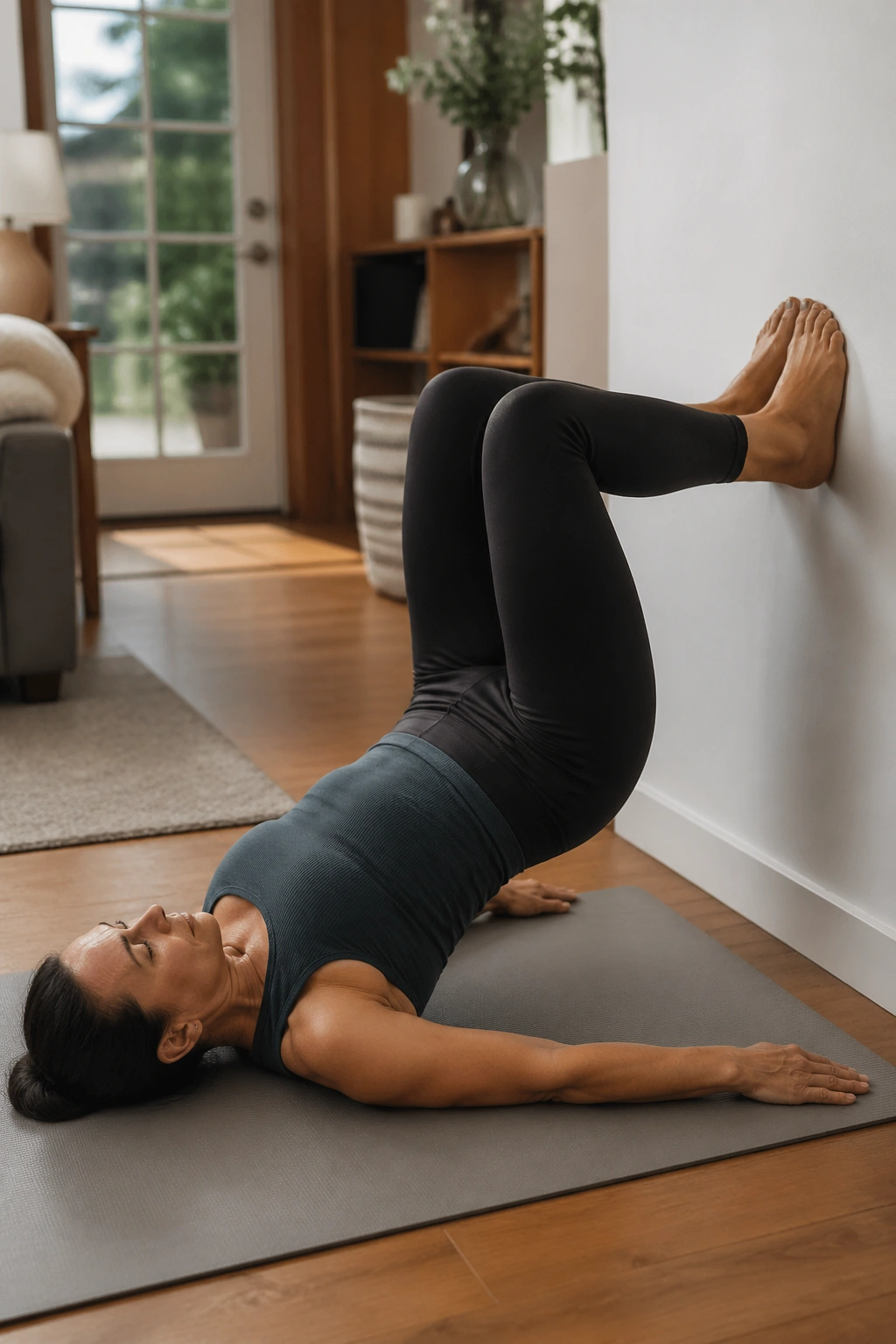 Real person performing wall bridge with hips lifted against the wall