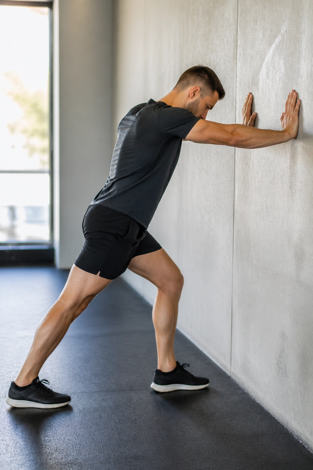 Close-up of a person performing a wall calf stretch with heel rooted