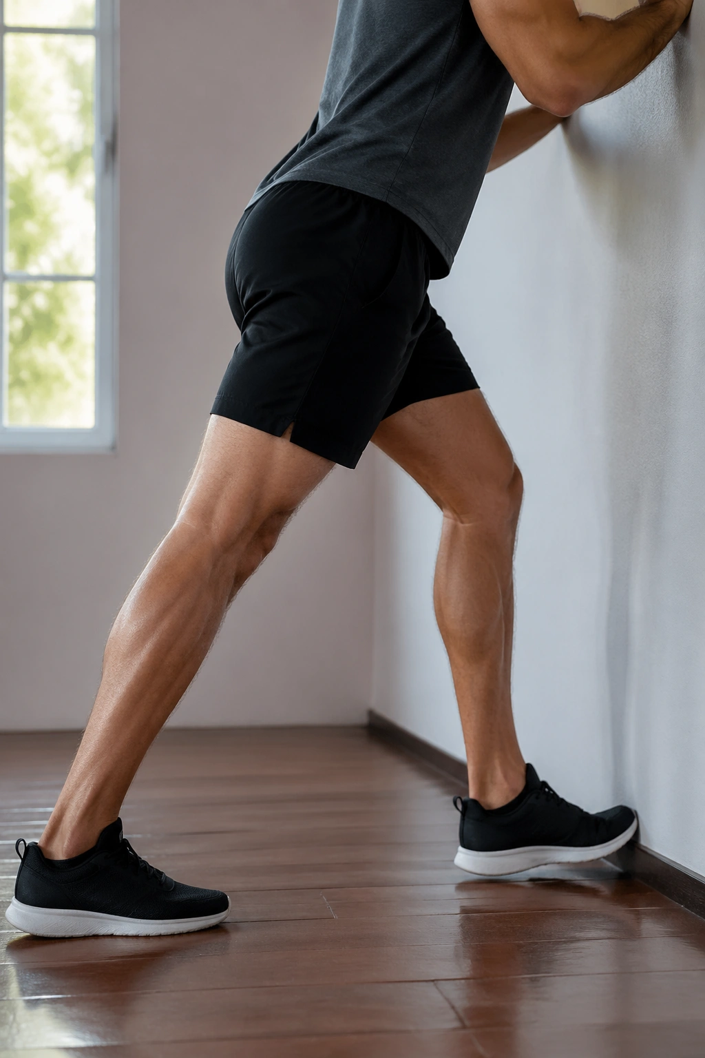 Profile view of a person performing a wall calf stretch with emphasis on the calf muscles