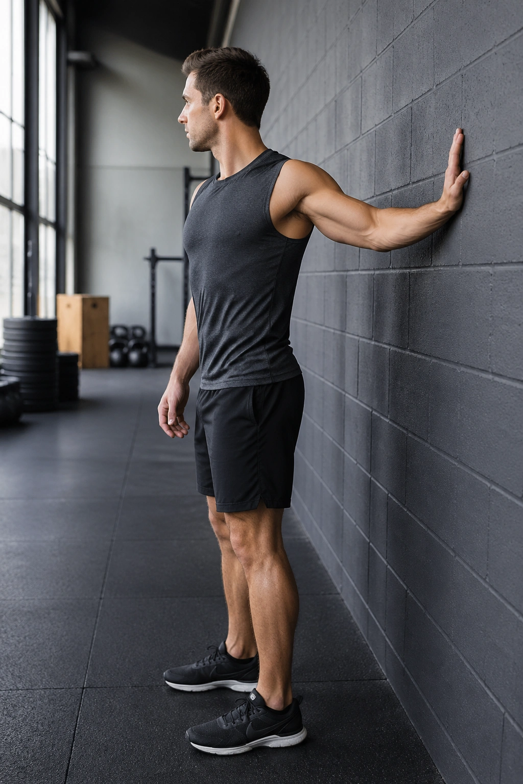 Side view of a person performing wall chest opener with forearm on wall