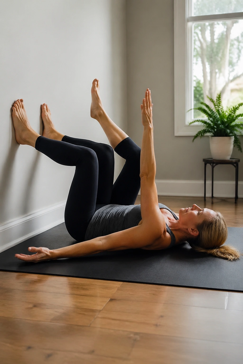 Back view of a person performing wall dead bug with alternating reach