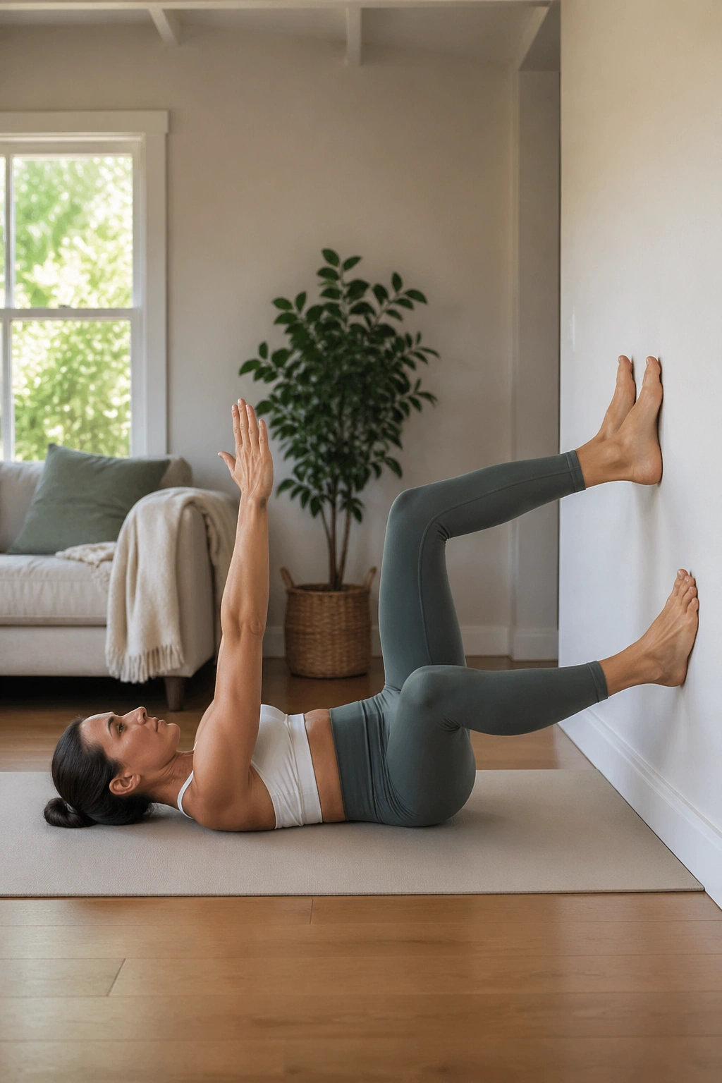 Medium shot of a person performing wall Pilates dead bug press with feet on wall