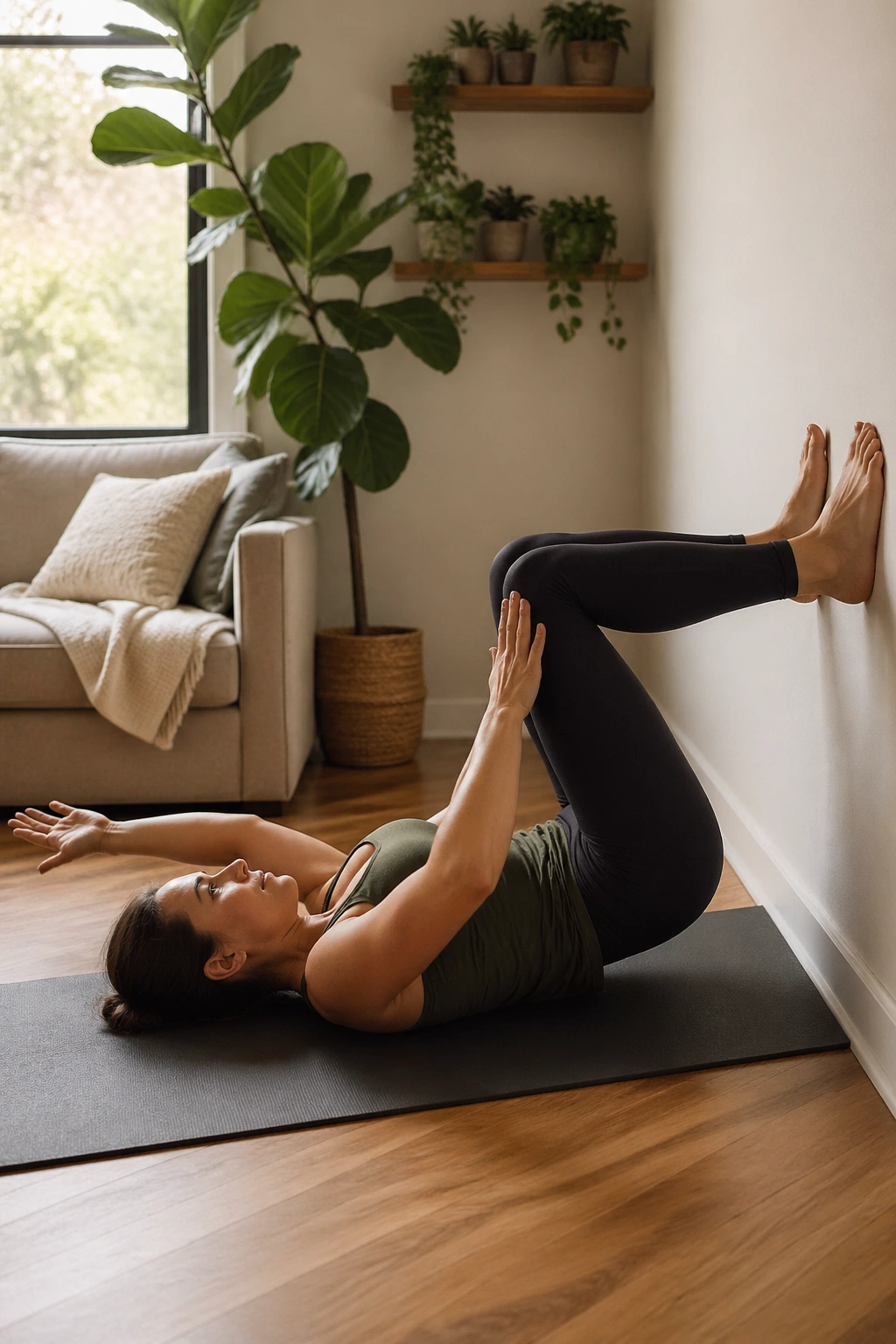 Real person performing Wall Dead Bug Press with feet on wall and hands pressing into thighs