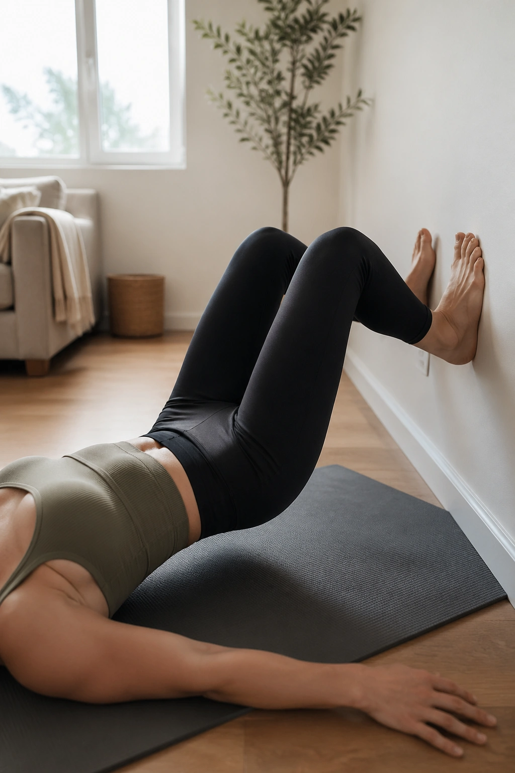Mid-shot of a person performing a wall hamstring curl with heels on the wall.