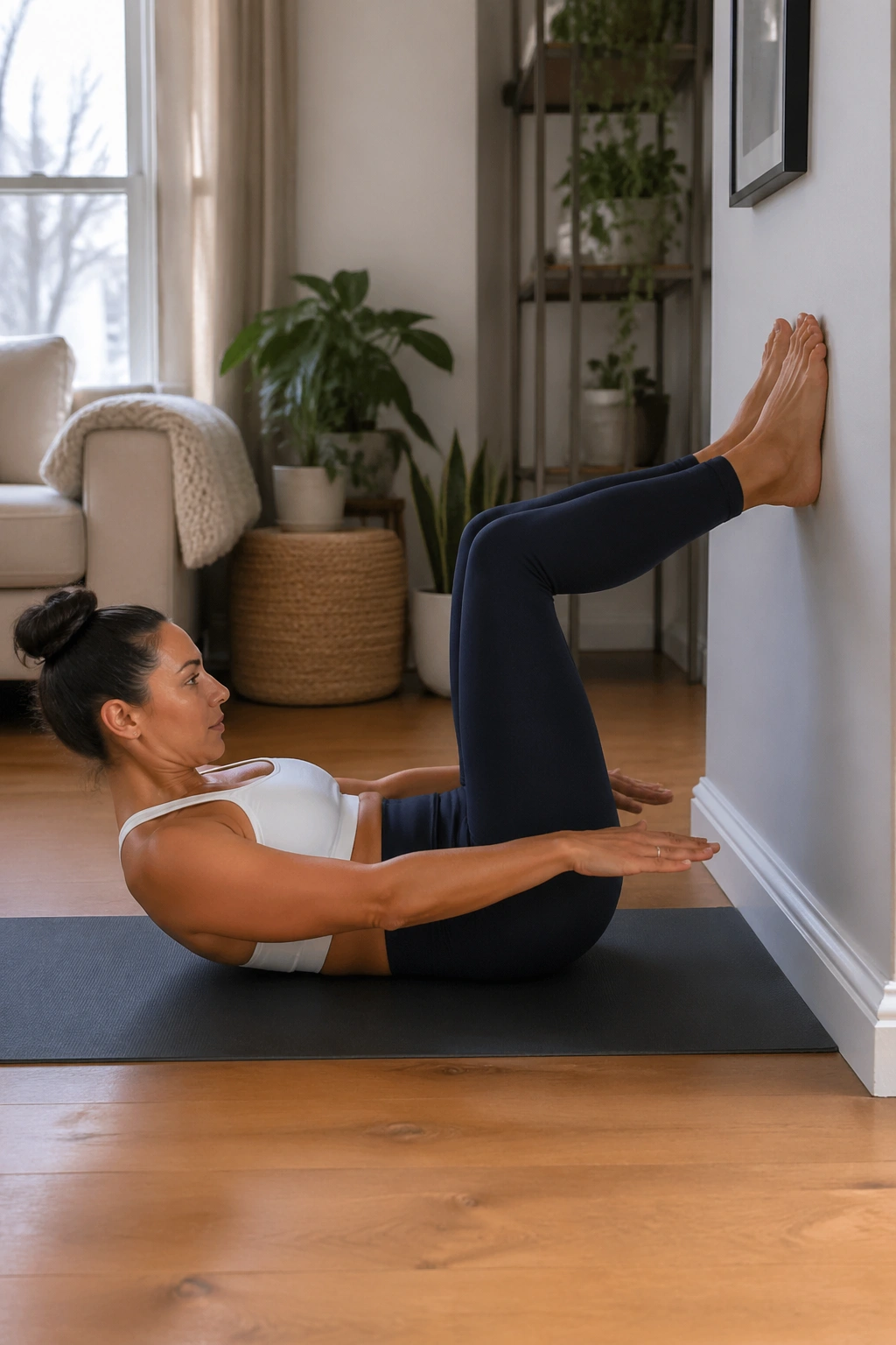 Person practicing wall hundred prep with legs on wall and coordinated breathing
