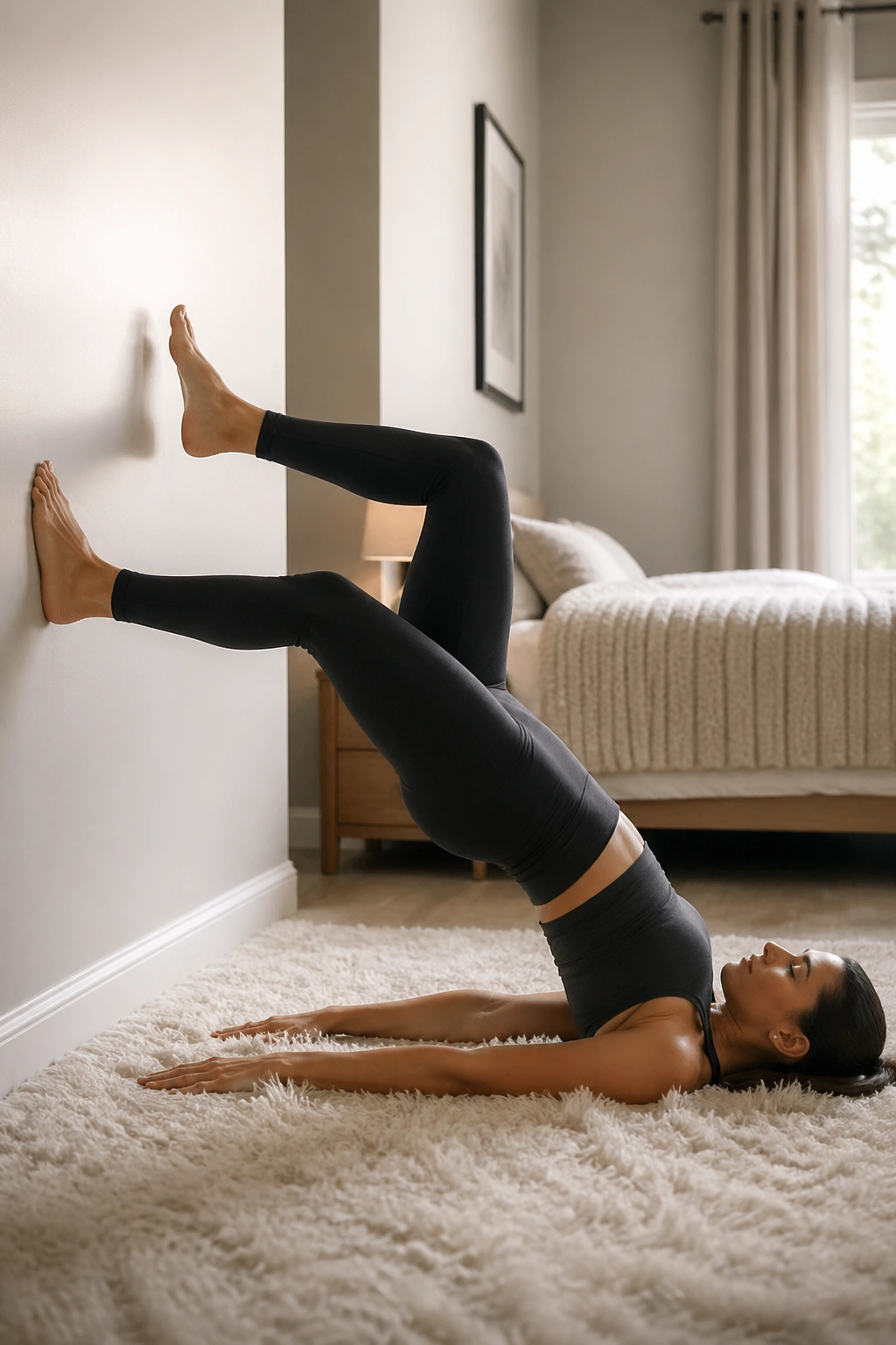 Person performing wall march bridge with one foot off the wall for balance.