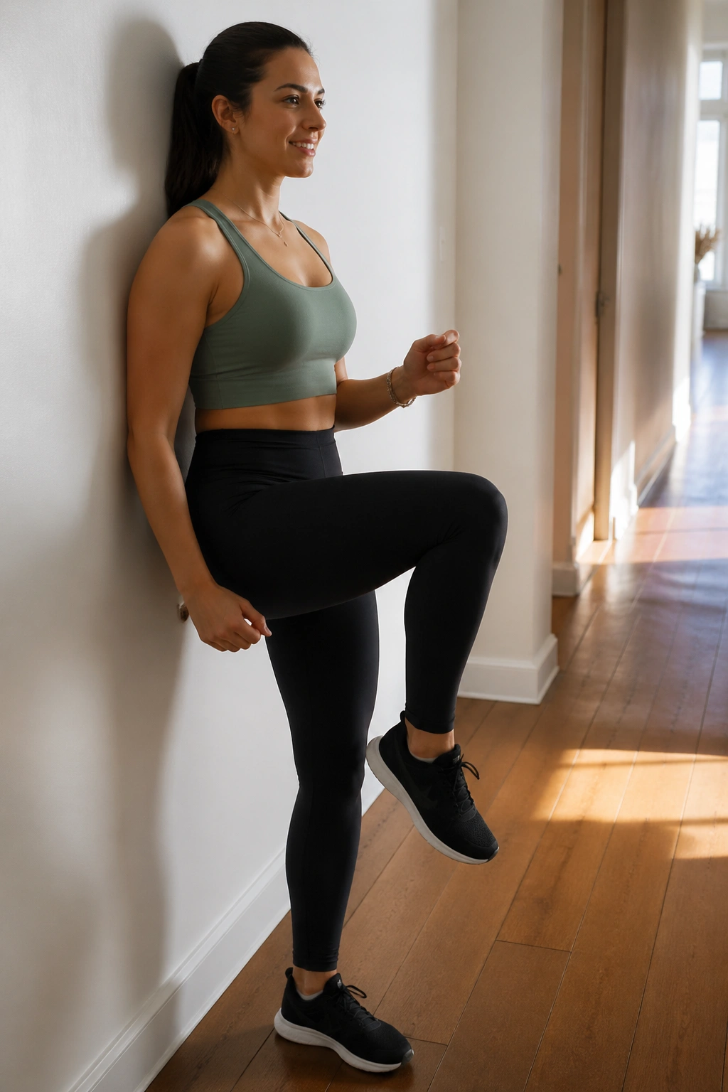 Person performing wall marching cardio flow in a hallway