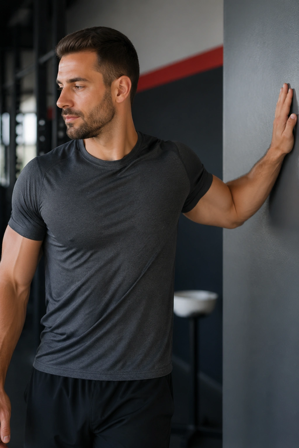 Medium-close shot of a real person performing single-arm wall pec stretch against a wall
