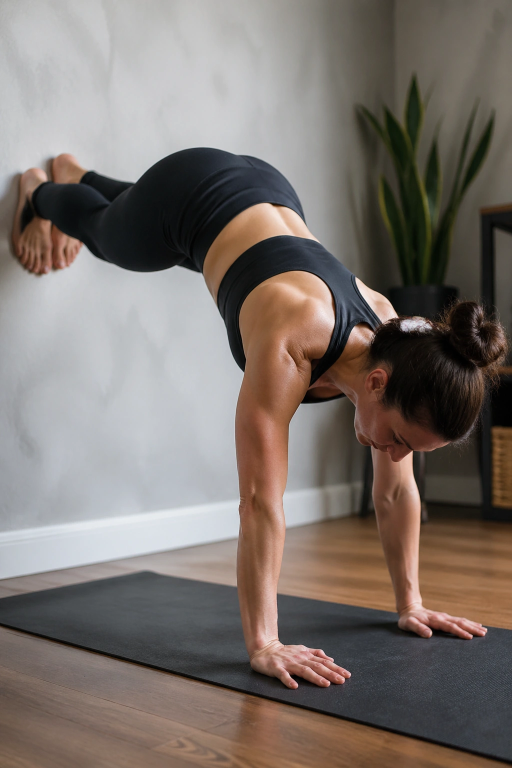 Person in high plank with feet on the wall performing a wall Pike