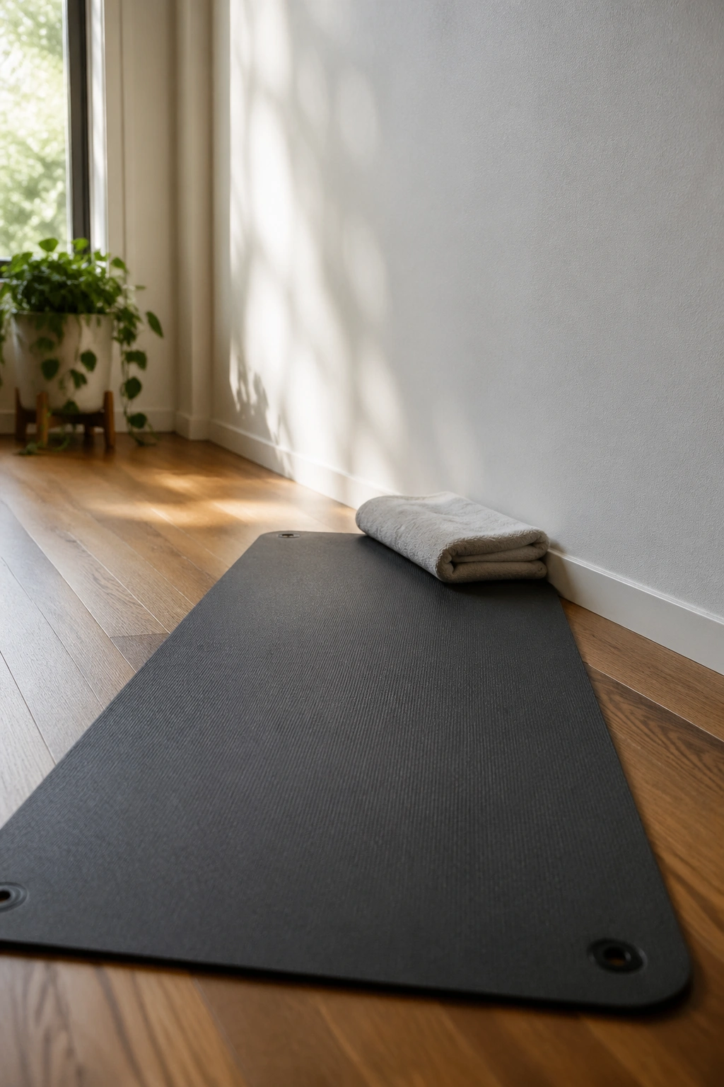 Close-up of a home wall with a mat and folded towel prepared for Wall Pilates setup