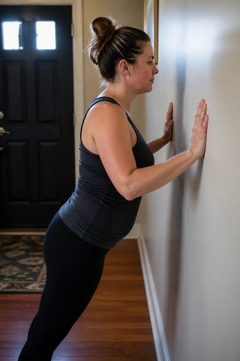 Postpartum woman performing wall push-ups in a home entryway