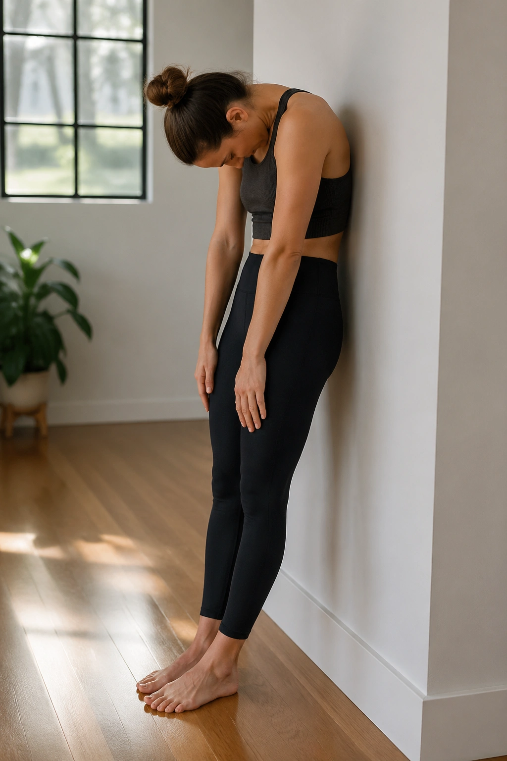 Person standing by a wall performing wall roll-down and reach, spine articulation with controlled breath.