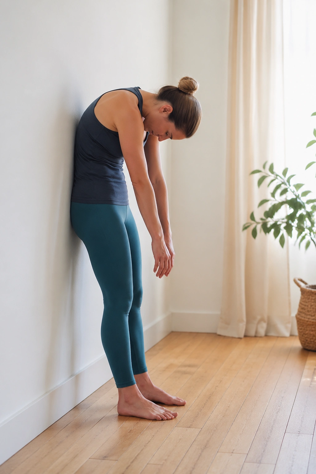 Real person performing Wall Roll Down with spine articulating toward the floor near a wall