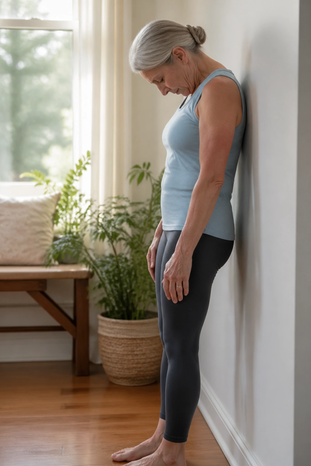 Person performing wall roll-down posture exercise in a home setting