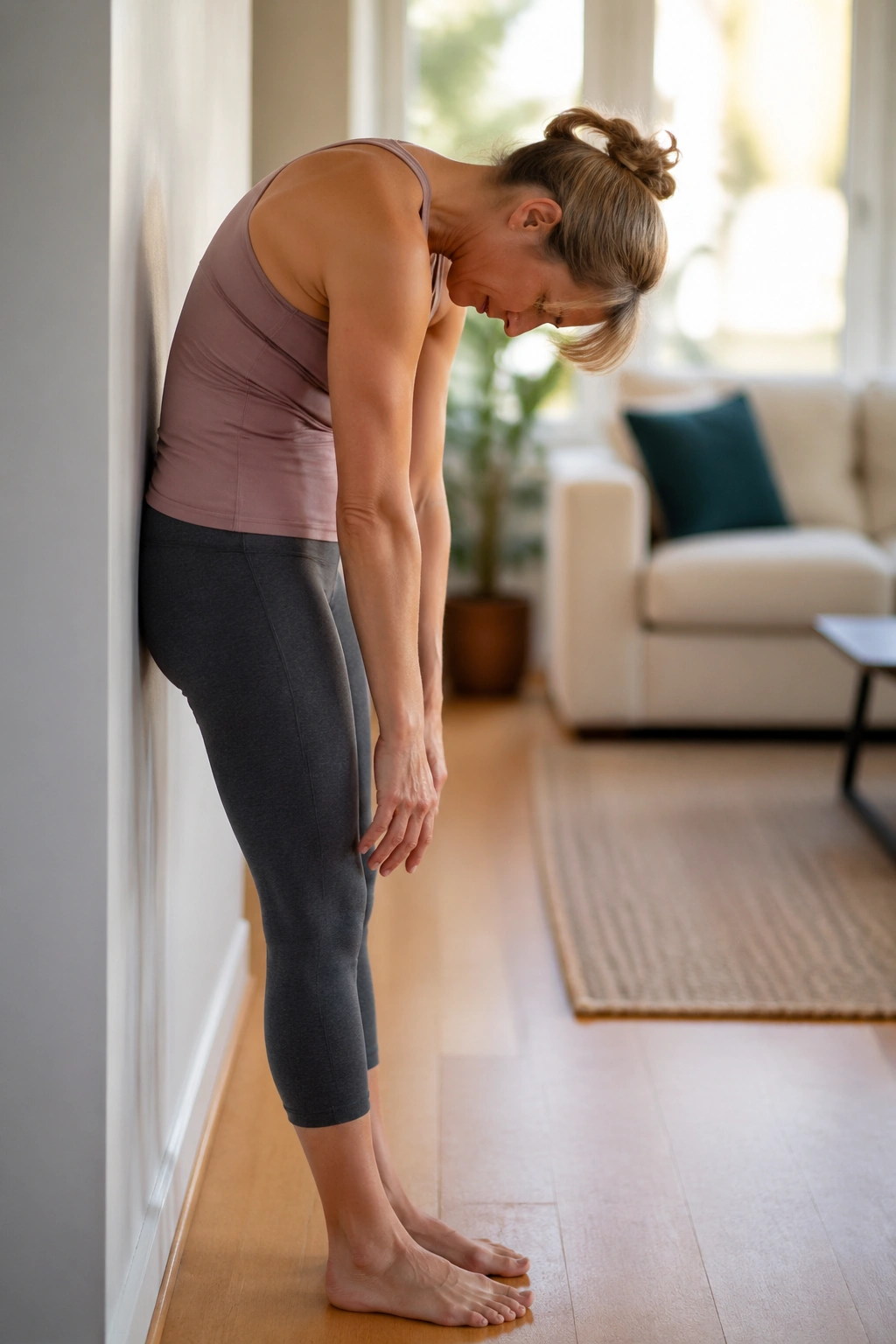 Close-up of a woman performing wall roll-down posture routine beside a wall in a cozy home setting