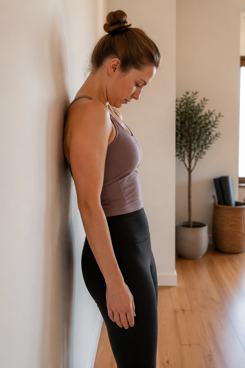Person performing wall roll down with spine articulation