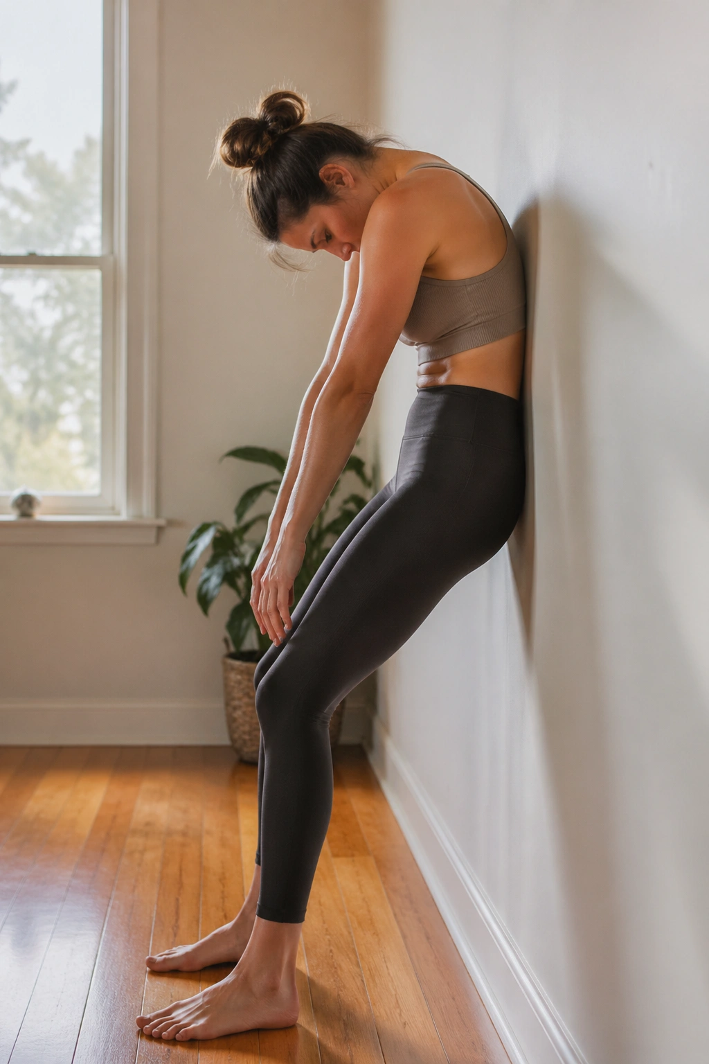 Real person performing a wall roll-down, spine peeling away from the wall in a cozy living room.