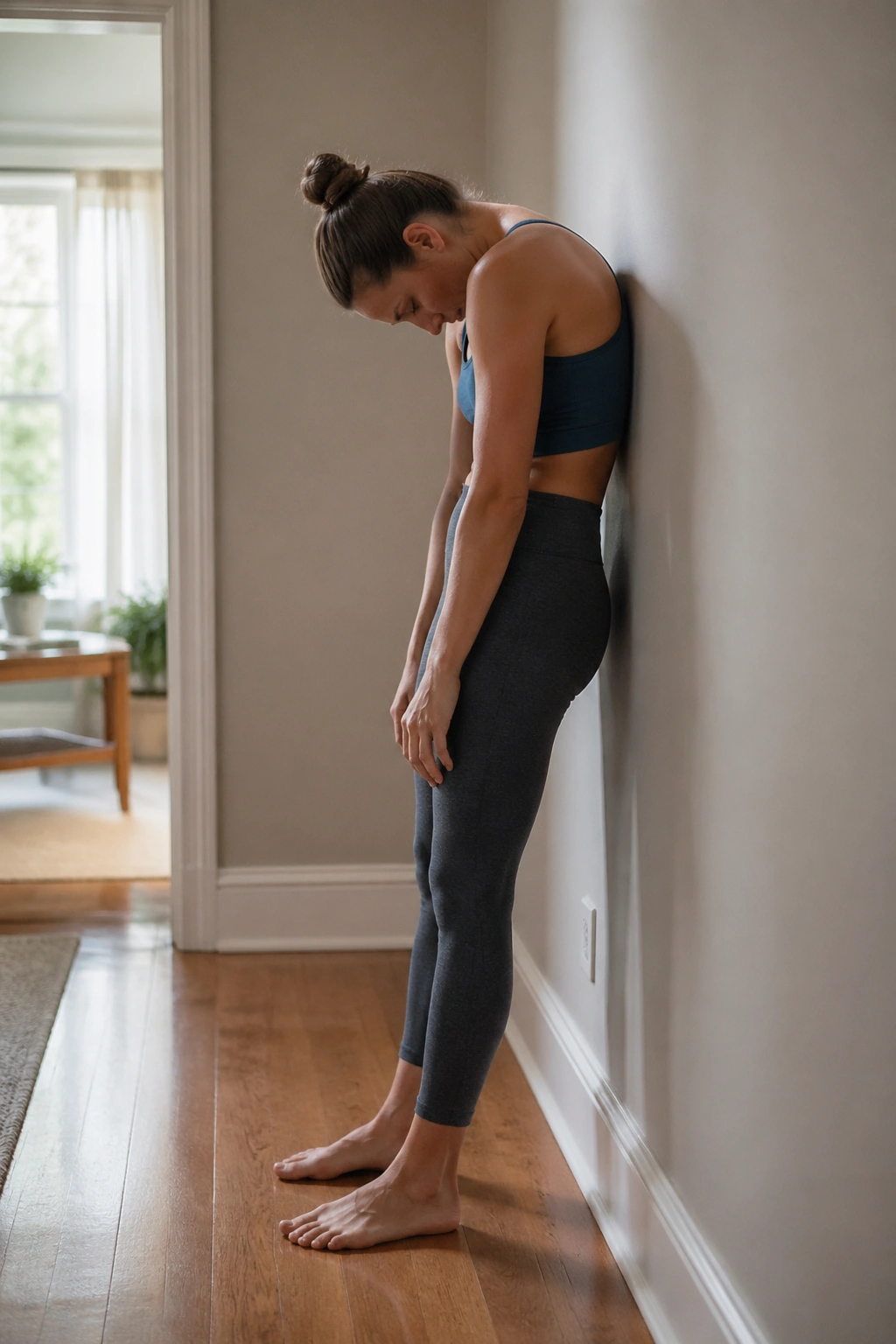 Standing wall roll-down showing controlled spine articulation