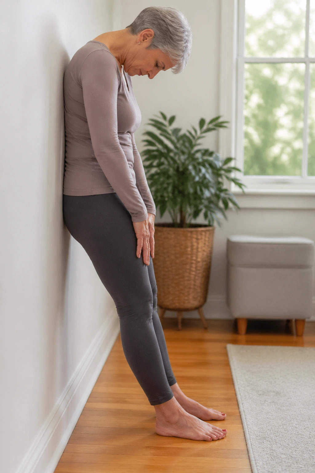 Senior practicing Wall Roll-Downs against a wall in a home setting