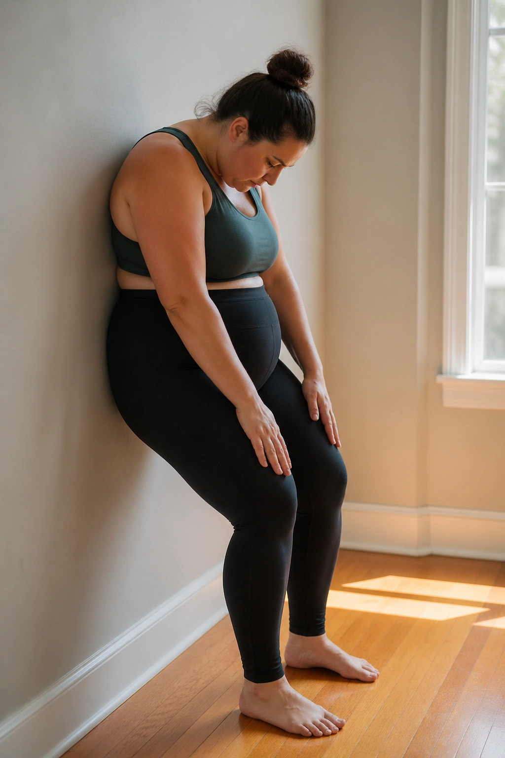 Real woman performing wall roll-down and standing core bracing near a wall.