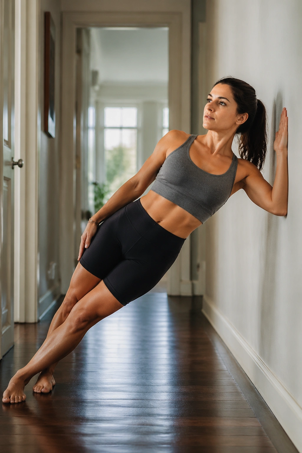 Medium close-up of a person performing wall side plank press against a wall in a home setting