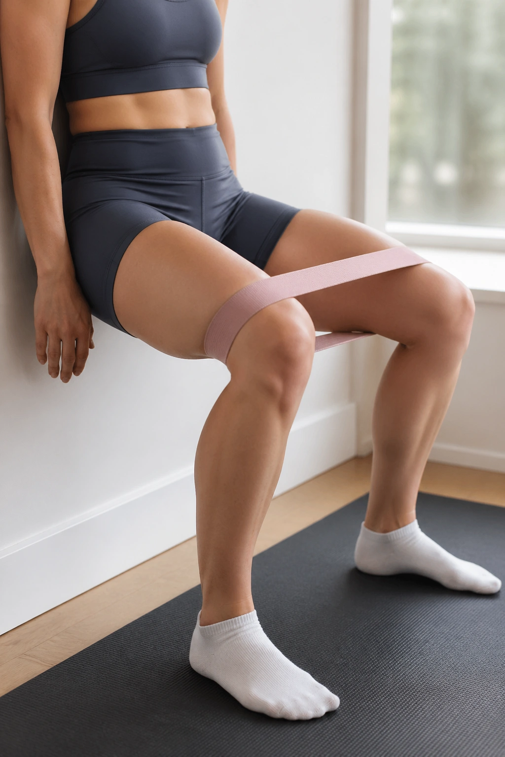 Close-up of a person in a wall sit with knee abduction
