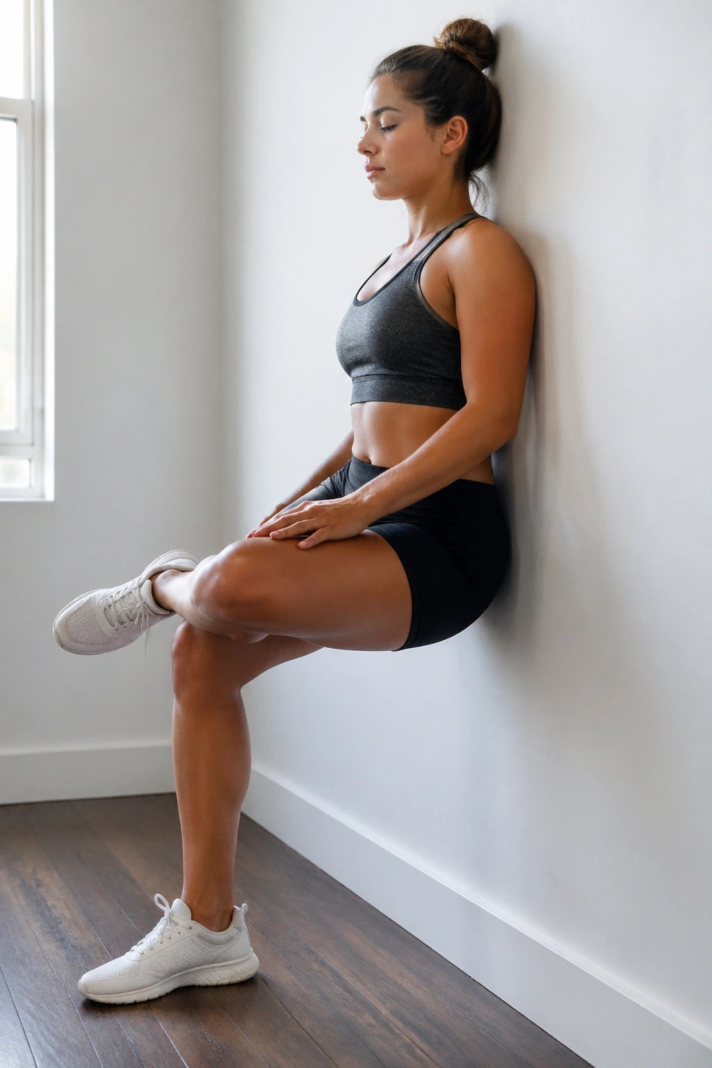 Standing figure-four stretch against wall